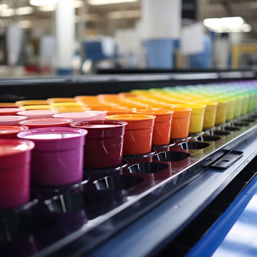 Factory for the production of paints. Jars of paint of different colors on a conveyor belt.